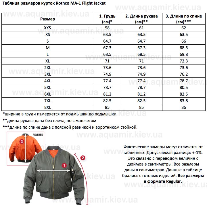 Таблица размеров курток Rothco MA-1 Flight Jacket 