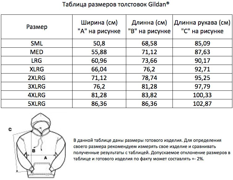 Таблица размеров толстовок 18500  Gildan® Heavy Blend™  Adult Hooded Sweatshirt