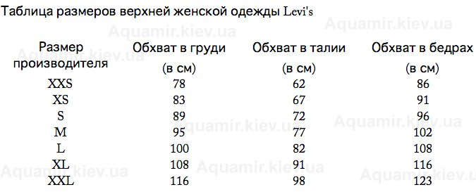 Таблица размеров верхней женской одежды Levi's