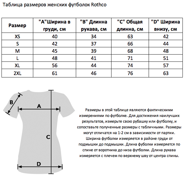 Таблица размеров женских футболок Rothco