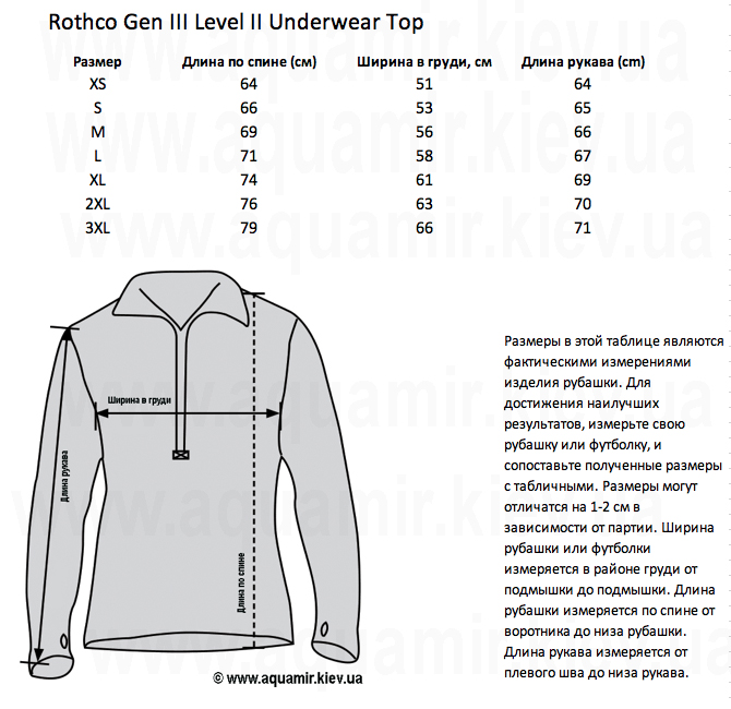 Таблица размеров рубашек термобелья второго уровня Rothco Gen III Level II Underwear Top