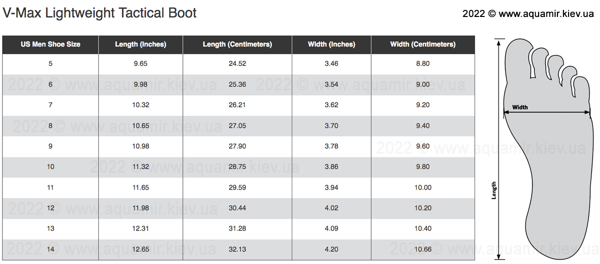 Таблица размеров койтовых тактических летниех берцов Rothco V-Max Lightweight Tactical Boot Coyote Brown AR 670-1 5366