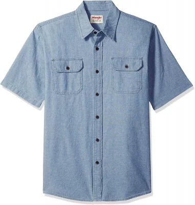 Рубашка голубая с коротким рукавом Wrangler Authentics Men's Short Sleeve Classic Woven Light Chambray, фото
