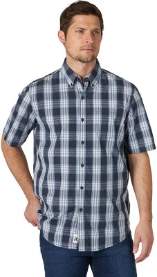 Рубашка синяя в клетку с коротким рукавом Wrangler Authentics Short Sleeve Classic Plaid Shirt Blue Nights Plaid, фото
