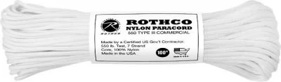 Паракорд нейлоновый белый Rothco Nylon Paracord Type III 550 LB 100FT White 147, фото