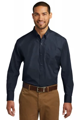 Темно-синяя рубашка с длинным рукавом Port Authority Long Sleeve Carefree Poplin Shirt River Blue NavyW100, фото