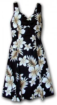 Черный женский гавайский сарафан с бежевыми цветами плюмерии Pacific Legend Native Hibiscus Black Hawaii Sundress, фото