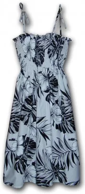 Белый женский гавайский сарафан с черными цветами китайской розы Pacific Legend Beach Dress Hibiscus Blossom White Hawaiian Outfits, фото