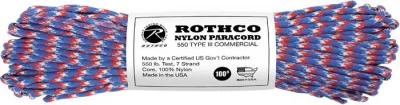 Паракорд нейлоновый красно-сине-белый камуфляж Rothco Nylon Paracord Type III 550 LB 100FT Red White Blue 127, фото