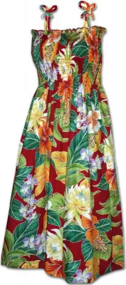 Красный женский гавайский сарафан с цветами китайской розы и пионов Pacific Legend Maui Tropics Smocked Dress 332-3799 Red, фото