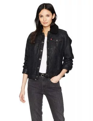 Женская куртка трекер Levi's Women's Classic Sherpa Lined Faux Leather Trucker Jacket Black, фото
