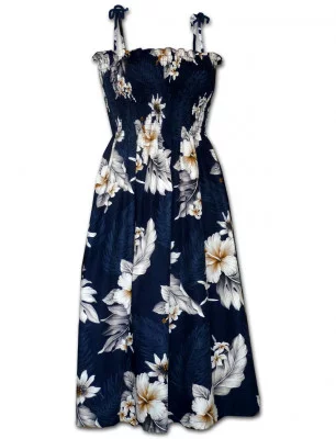 Темно-синий гавайский сарафан с белыми цветами китайской розы Pacific Legend Tube Dress 332-3162 Navy, фото