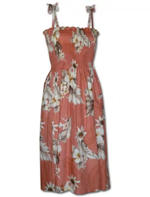 Персиковый гавайский сарафан с кремовыми цветами китайской розы Pacific Legend Tube Dress 332-3162 Peach, фото