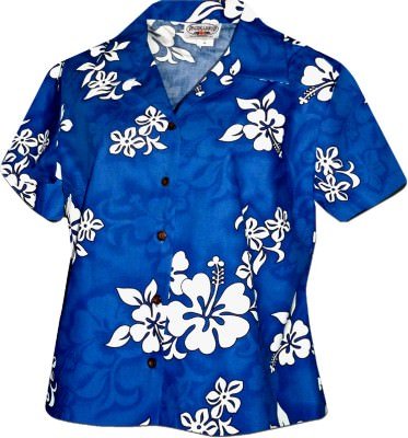 Женская гавайская рубашка Pacific Legend White Hibiscus Ladies Hawaiian Shirts - 348-3156 Blue, фото