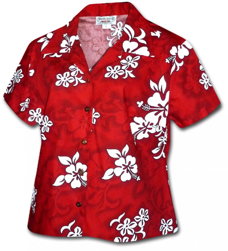 Pacific Legend Hibiscus Red Cotton Women's Fitted Hawaiian Shirt