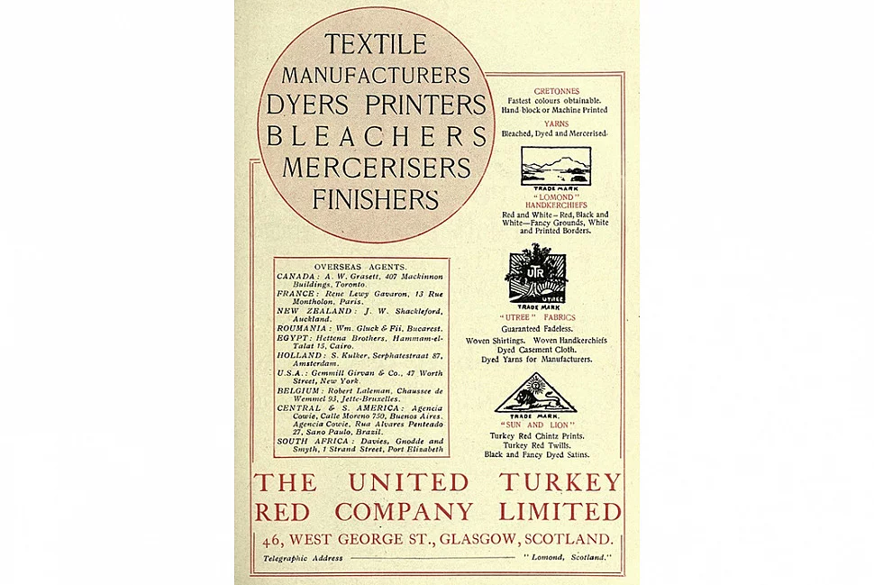 Реклама для компании United Turkey Red в 1920 году. Изображение с Grace’s Guide. Реклама для компании United Turkey Red в 1920 году. Изображение с Grace’s Guide.