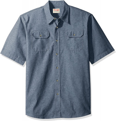 Рубашка голубая с коротким рукавом Wrangler Authentics Men's Short Sleeve Classic Woven Dark Chambray, фото