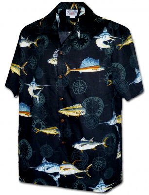 Черная мужская гавайская рубашка с изображением океанических рыб  Pacific Legend Men's Hawaiian Shirts 410-3934 Black, фото