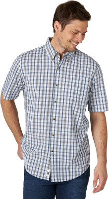 Рубашка синяя в клетку с коротким рукавом Wrangler Authentics Short Sleeve Classic Plaid Shirt Blue Plaid, фото