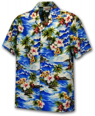 Голубая мужская хлопковая гавайская рубашка (гавайка) производства США с с островами и цветами китайской розы Hawiian Clothing Waikiki Beach, фото