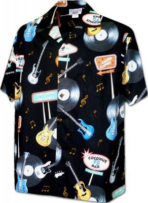 Мужская хлопковая гавайская рубашка (гавайка) в черном цвете производства США с гитарами и грампластинками Rock and Roll Guitar Shirt, фото