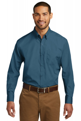 Синяя рубашка с длинным рукавом Port Authority Long Sleeve Carefree Poplin Shirt Dusty Blue W100, фото