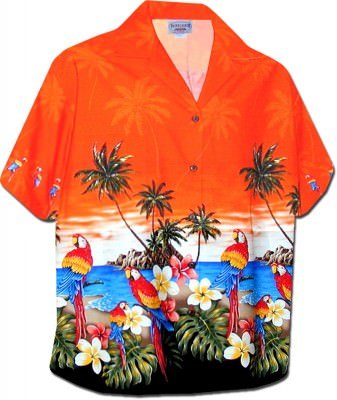 Оранжевая женская гавайская рубашка прямого кроя с попугаями и цветами плюмерии Pacific Legend Parrot Beach Hawaiian Shirts 346-3468 Orange, фото