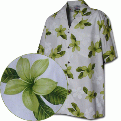 Лаймовая мужская хлопковая гавайская рубашка (гавайка) производства США с цветами плюмерии Plumerias Hawaiian Shirts, фото