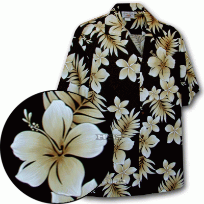 Черная мужская хлопковая гавайская рубашка (гавайка) производства США с цветами китайской розы Hawaiian Print Shirts Native Hibiscus, фото