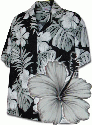 Черная мужская хлопковая гавайская рубашка (гавайка) производства США с цветами китайской розы Men's Hawaiian Shirts Forever Hibiscus, фото
