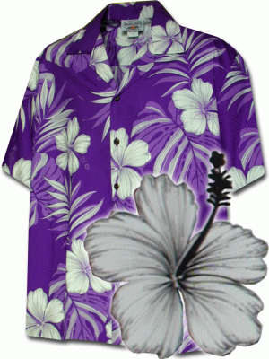 Сиреневая мужская хлопковая гавайская рубашка (гавайка) производства США с цветами китайской розы Men's Hawaiian Shirts Forever Hibiscus, фото