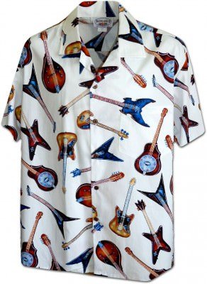 Мужская хлопковая гавайская рубашка (гавайка) в белом цвете производства США с гитарами Guitars Rock Men's Cotton Shirt, фото