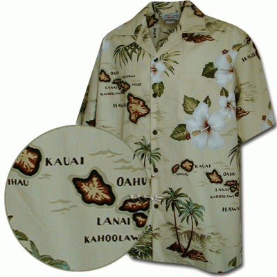 Песочная мужская хлопковая гавайская рубашка (гавайка) производства США с картой Гавайских Островов Island Shirts Hawaiian Maps Vintage Tropical, фото