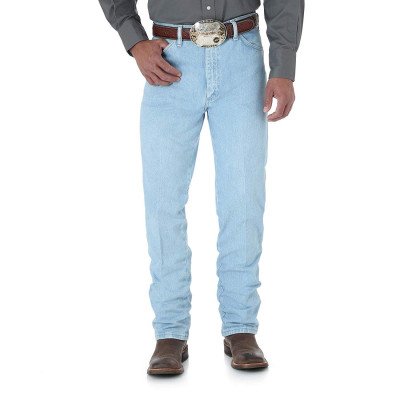 Голубые мужские джинсы Wrangler Men's Cowboy Cut Slim Fit Jean Gold Buckle Bleach 0936GBH, фото
