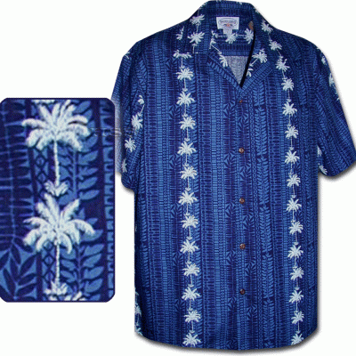 Темно-синяя мужская хлопковая гавайская рубашка (гавайка) производства США с изображением пальм Tropical Shirts Navy Coconut Tree Panels, фото