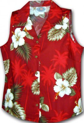 Женская гавайская рубашка без рукавов Pacific Legend Hibiscus Island Ladies Sleevless Hawaiian Shirts - 342-2798 Red, фото