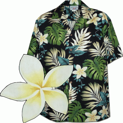 Черная мужская хлопковая гавайская рубашка (гавайка) производства США с изображением цветов монстеры Tropical Monstera Hawaiian Shirt, фото