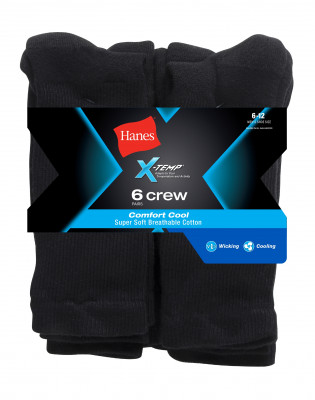 Американские черные высокие носки Hanes FreshIQ X-Temp Comfort Cool Crew Socks Black 6 pcs, фото