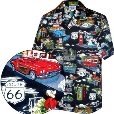 Черная мужская хлопковая гавайская рубашка (гавайка) производства США с автомобилями Route 66 The Main Street of America Shirt, фото