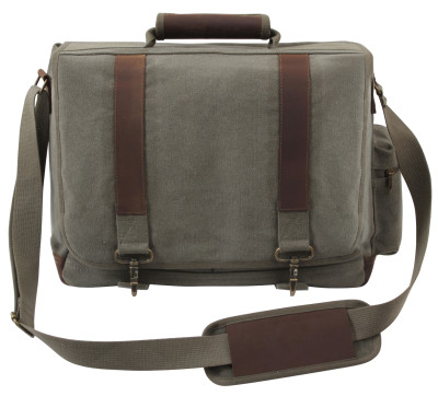 Оливковая винтажная сумка почтальона с кожаными элементами Rothco Vintage Canvas Pathfinder Bag With Leather Accents Olive Drab 9691, фото