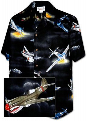 Черная мужская хлопковая гавайская рубашка (гавайка) производства США с самолетами World War 2 Planes Men's Shirt, фото