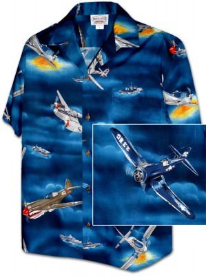 Темно-синяя мужская хлопковая гавайская рубашка (гавайка) производства США с самолетами World War 2 Planes Men's Shirt, фото