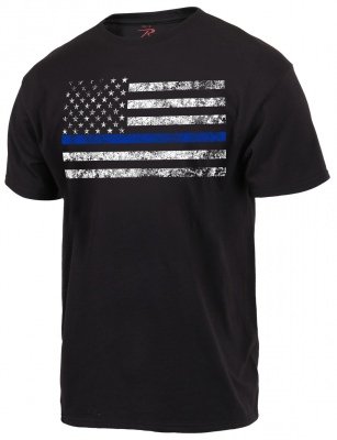 Черная футболка с флагом США и синей полицейской полосой Rothco Thin Blue Line T-Shirt Black 61550, фото