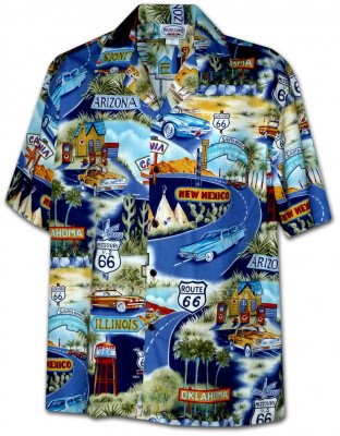 Голубая мужская хлопковая гавайская рубашка (гавайка) производства США с рисунком ретро автомобилей и знака Route 66 Historic Mens Car Shirts, фото