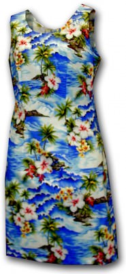 Голубое женское короткое гавайское платье с цветами китайской розы и островов Pacific Legend Hawaiian Dresses for Women Waikiki Beach Blue 315-3238 - Blue, фото