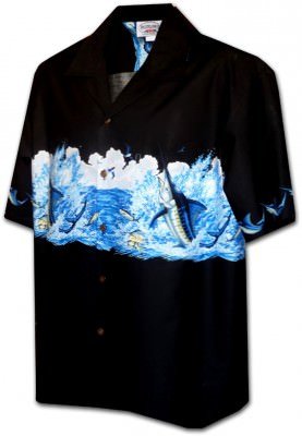 Черная мужская гавайская рубашка с кокосовыми пуговицами и изображением рыбы-меч Pacific Legend Men's Border Hawaiian Shirts - 440-3747 Black, фото